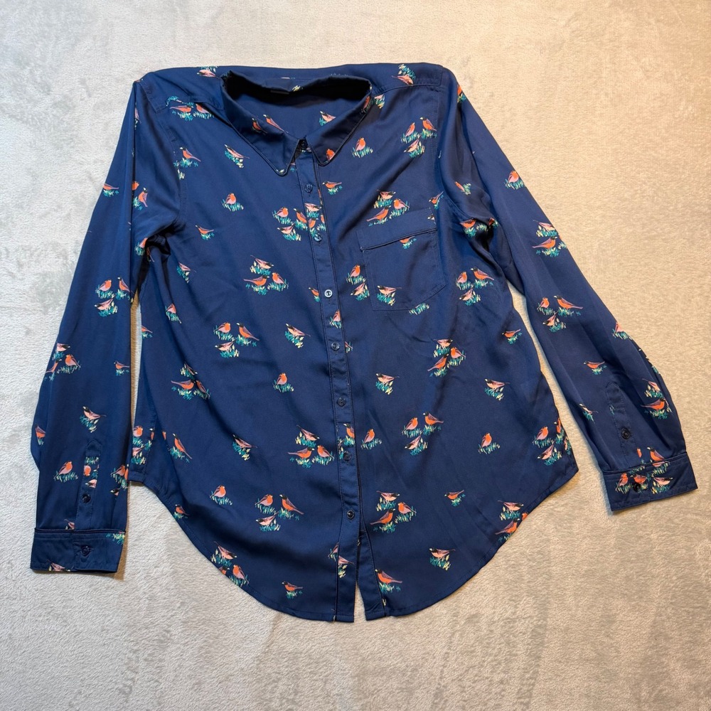 Liz Claiborne Petite Navy Blue Bird Button Down Blouse Long Sleeve PL whimsical